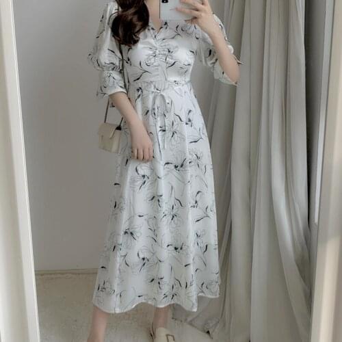 V Neck Pullover Puff Long Sleeve Dress Women Vintage Print Spring Long Vestidos High Waist Hip A Line Robe 2021 New Ol Slim