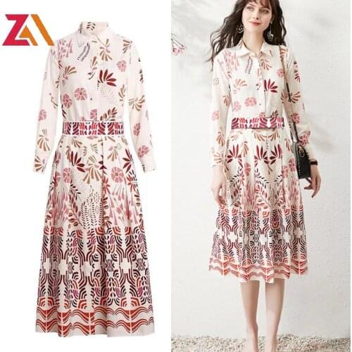 ZAlady Celebrity Elegant Vintage Printed Midi Dresses For Women Long Sleeve Office OL Party Holiday Shirt Dress Female Vestidos