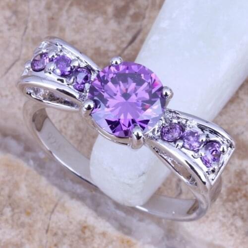 Delicate Purple Cubic Zirconia Silver Plated Womens Jewelry Ring Size 6 / 7 / 8 / 9 R0743