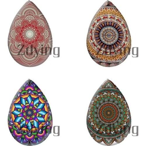 Zdying 10pcs/lot India Mandala Flowers Water Tear Drop Glass Photo Cabochon Demo Flat Back DIY Brooch Necklace Jewelry Findings