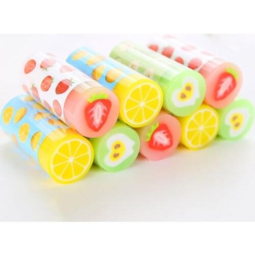 1PC Cute Fruit Strawberry Lemon Apple Cylindrical Rubbers Erasers Gift Stationery Supplies, For School Office Kids Girls