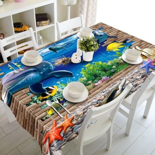 3d Seascape Tablecloth Dolphin and Sea turtle Coming Your Home Washable Thicken Rectangular Table Cloth for Wedding
