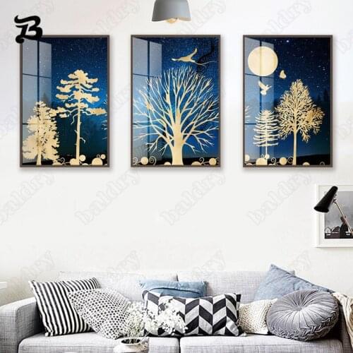 Canvas Painting Abstract Art Plant Golden Leaves Moon and Tree Leaf Canvas Posters and Print Wall Pictures for Living Room Decor