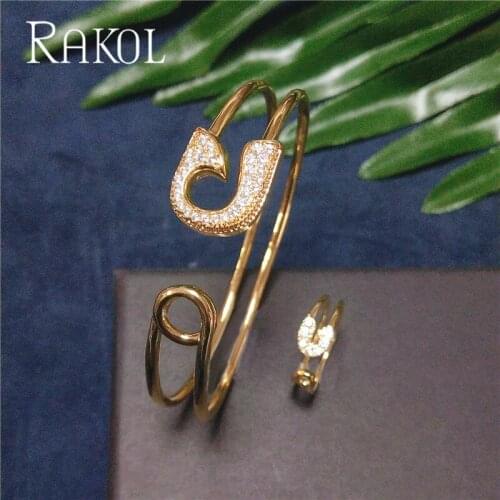 RAKOL Newest Fashion Micro Pave Pins Shape Cubic Zirconia Cuff Bangle & Open Ring Set For Women Men Jewelry Bijoux RS31766