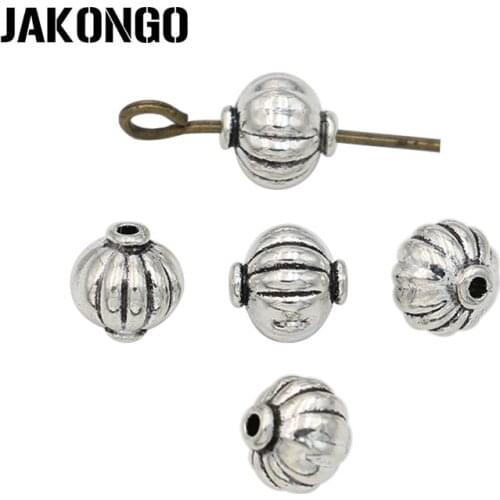 JAKONGO Antique Silver Plated Pumpkin Spacer Beads Vintage Loose Beads for Jewelry Making Bracelet DIY Handmade Craft 40pcs