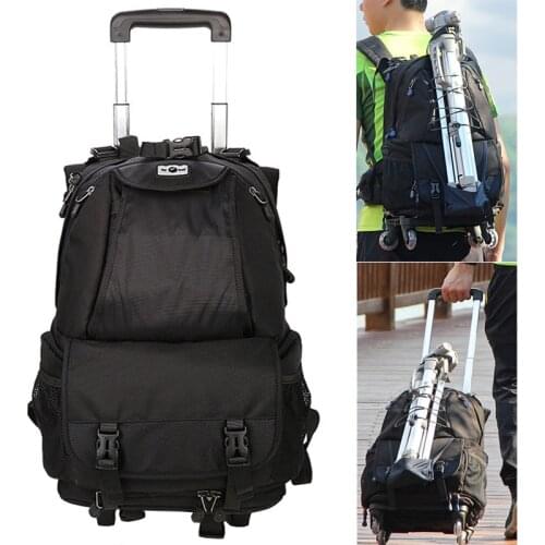 Large Capacity Space Trolley Photo DSLR Case Camera Waterproof w/ Rain Cover Nylon Bag Shoulders Backpack Removable Trolley