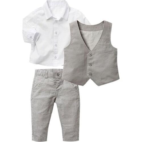 DFXD Toddler Boy Clothes 2018 New Spring Kids Boys Clothing Sets Soild White Blouse Shirt+Gray Vest Coat+Striped Pant 3pc 2-5T