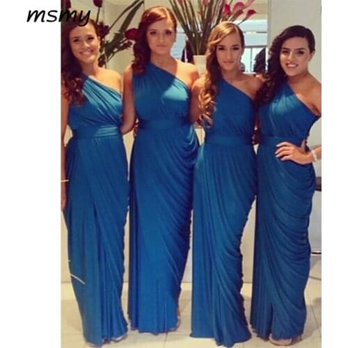 Elegant A-Line One Shoulder Bridesmaid Dresses Sleeveless Pleat Cheap Long Bridesmaid Dresses With Bow Custom Made