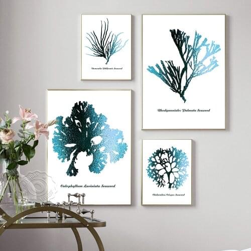 Hamptons Watercolour Blue Coral Art Print, Blue Seaweed Print Canvas Painting, Sea Plant Simple Art Wall Picture Home Decor Gift
