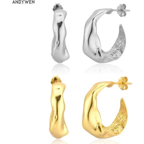ANDYWEN 925 Sterling Silver European 17mm Circle Hoops Loops Gold Irregular Geometric 2020 Rock Punk Jewelry Fashion Wedding