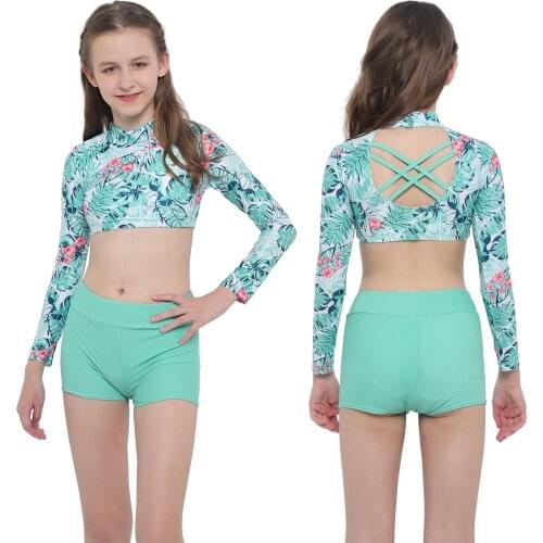Kids Girl Clothes Set Long Sleeve Print Sport Tanks Crop Top with Shorts Yoga Running Workout Ballet Dancewear Gymnastics Outfit