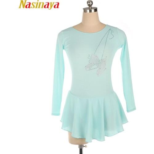Figure Skating Costume Dress Ice Skating Skirt for Girl Women Kids Competition light blue long sleeve skates stones 23 Colors