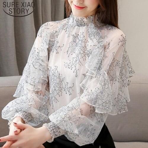 Ruffles Lace Blouse Fashion 2021 Spring New Elegant Casual Printed Women Tops Perspective Chiffon Shirt Stand Collar Shirt 4666