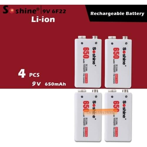 Soshine 4pc 650mAh 9V 6F22 Li-ion Lithium Rechargeable Battery for Electronic Smoke Guitar