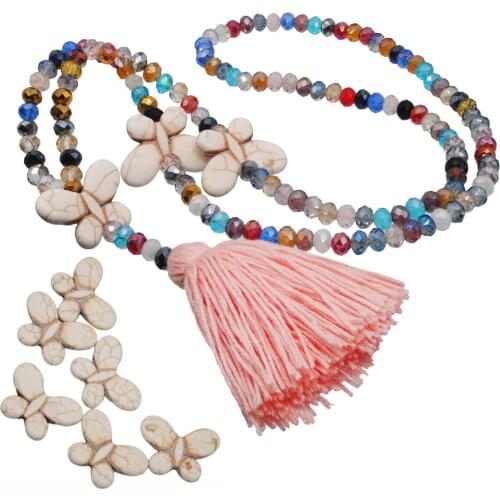 Fashion Tassel Butterfly Necklaces for Women White Turquoises Colorful Crystal Beads Pendant Necklace Sweater Chain Boho Jewelry