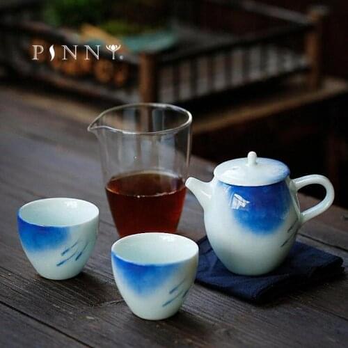 PINNY 5 Piece Set Portable Hand Painted Tea Set Travel White Porcelain Teapot Traditional Chinese Teaware Kung Fu Tea Cups