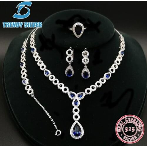 925 Sterling Silver earrings set for woman wedding jewelry sets rings necklace bracelet women blue red green crystal Zircon CZ