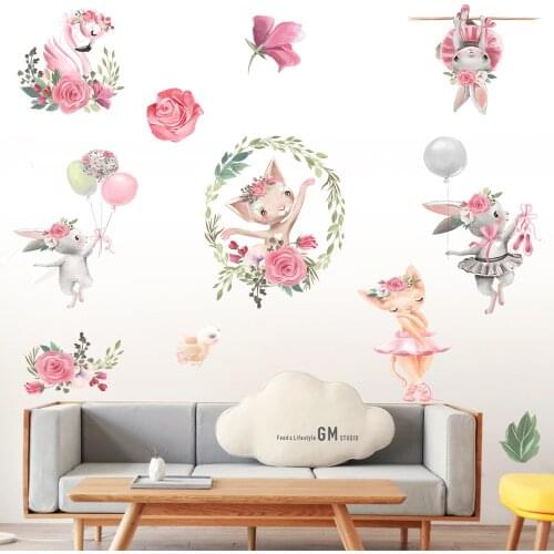Girls Pink DIY Dancing Rabbit Shy Flamingo Wall Sticker for Baby Children Room Door Decoration Window Tile Stickers Home Decor
