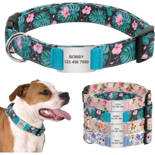 Flower Printed Dog Collar Custom Nylon Puppy Pet Collar Personalized Pitbull Collars Pets Acessorios for Small Medium Large Dog