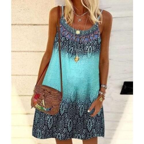 Summer New Fashion Womens Vintage Printed Spaghetti Strap Dress Casual Loose Mini Dress Lady Party Beach Plus Size A-Line Dress