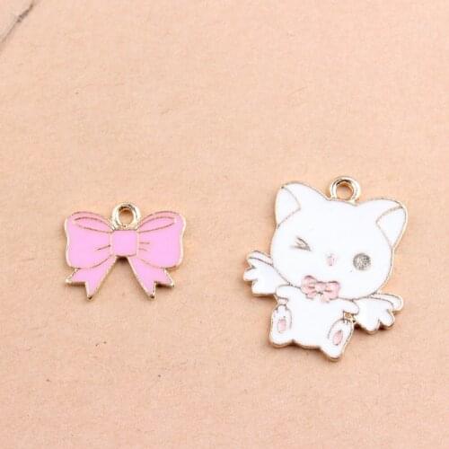 Wholesale 40PCs/Lot Pink Ribbon Bow Pendant Charm Craft Kawaii Flying Animal Cat Drop OIl Enamel Alloy Bracelet Necklace Charms