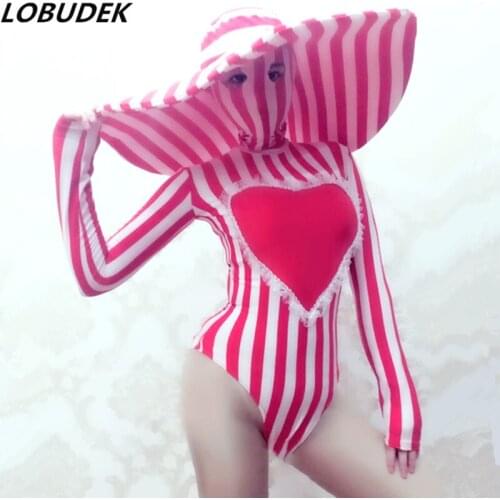 Sexy Women Models Catwalk Nightclub Clothing Modern Dance Stage Wear Bar Party Costume Red White Striped Skinny Bodysuit Big Hat
