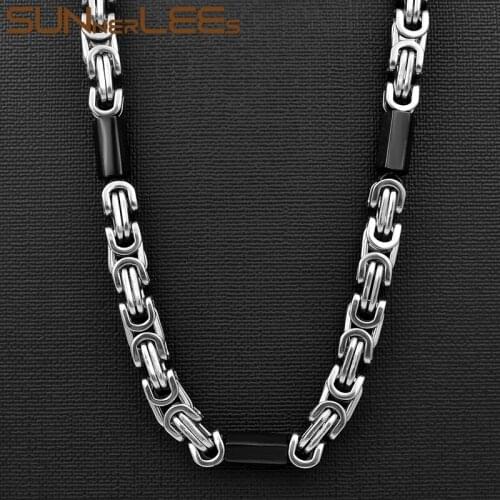 SUNNERLEES Jewelry Stainless Steel Necklace 9mm Black Silver Color Geometric Byzantine Link Chain Mens Womens SC87 N