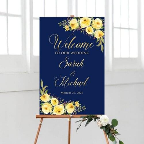 Navy and Yellow Welcome Wedding Sign, Welcome To Our Wedding Sign, Navy Welcome Wedding Sign, Pale Yellow Flowers