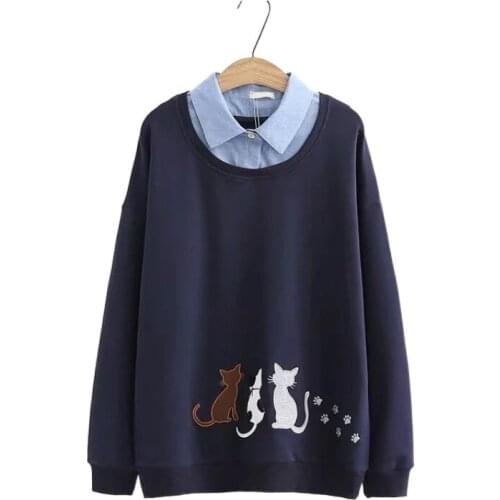 Mori Girl Style Fake Two Piece Women Sweatshirts 2021 Spring Cat Embroidery Paw Student Tracksuits Pullover 2145801