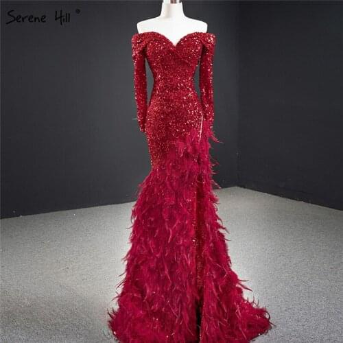 Wine Red Mermaid Sexy Dubai Evening Dresses 2020 Long Sleeves Sequins Feathers Formal Dress Serene Hill DHM67125