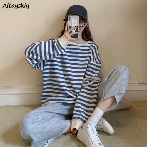 Women Sets Autumn Students Casual Striped Hoodies O-neck Loose Plus Size Drawstring Wide Leg Pants Daily Streetwear Femme Chic