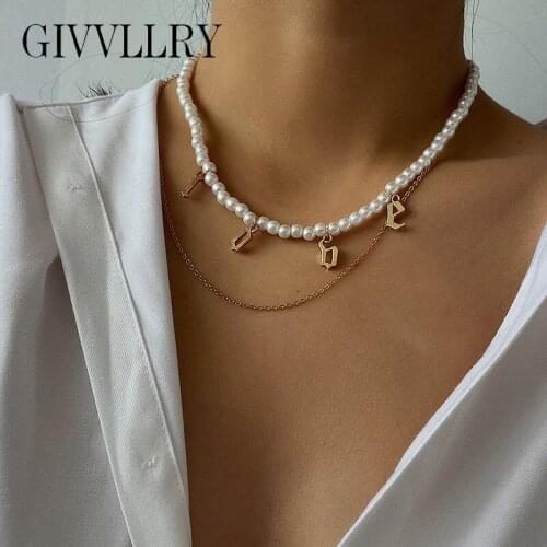 Imitation Pearl Necklace Women Jewelry Fashion Vintage 2 Layered Chains Choker Old English Initial Letter Love Pendant Necklaces