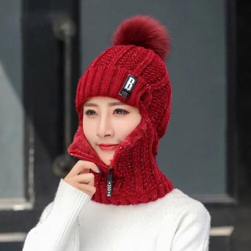 Winter Women Wool Knittend Beanies Hat Ski Hat Sets Outdoor Thick Warm Beanie Skullies Hat Female Siamese Scarf Collar Warm Hat