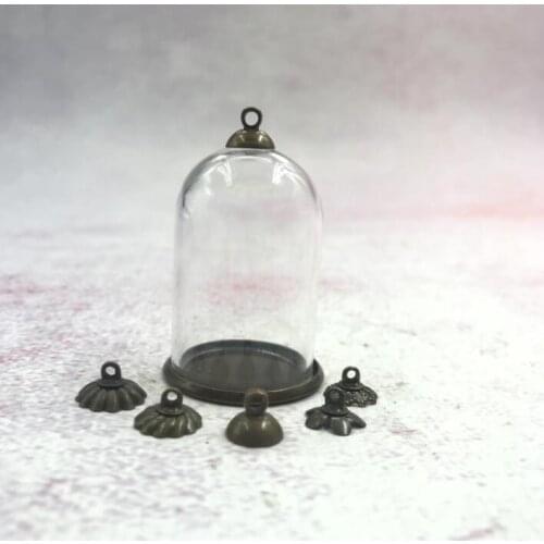 100pcs/lot 38x25mm Bell jar shape tube clear glass bubble globe bottle metal tray beads cap for DIY necklace accessories finding