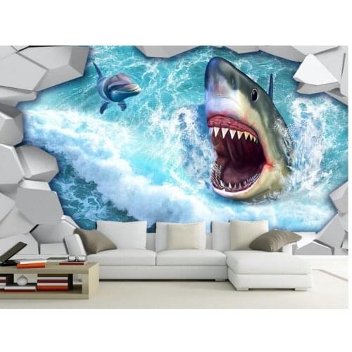 3d wallpaper custom photo non-woven mural wall sticker 3 d Shark broken wall painting 3d wall room murals wallpaper
