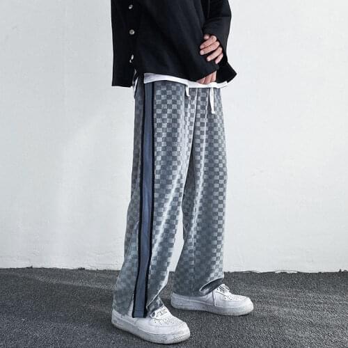 Spring Summer Plaid Casual Pants Mens Korean Fashion Loose Ice Silk Straight-leg Pants Men Harajuku Streetwear Casual Pants Men