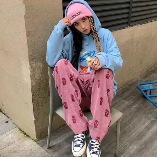 Pink cartoon print casual pants high-waisted black straight casual pants women couple wide leg pants students loose sports tide