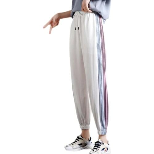 Zoki Summer Thin Women Pants Fashion Striped Elastic Waist Pencil Sweatpants White New 2021 Casual Girls Pink Tencel Trousers