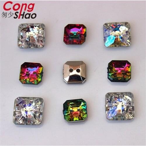Cong Shao 100Pcs 10/12mm 2 color Square shape flatback Acrylic Rhinestone trim crystals sewing 2 Hole DIY costume Button CS434HB