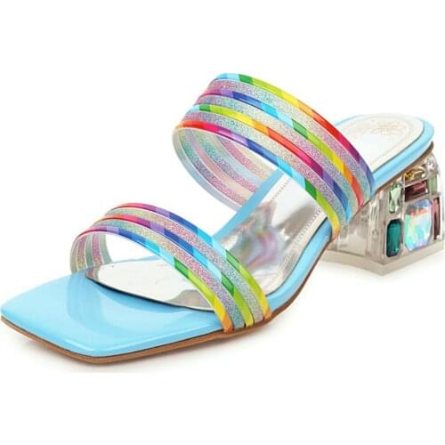 COOLULU Colorfur Women Slides Open Toe Slippers Women Shoes Square High Heel Outdoor Sandals Shoes Gold Sandals Size 33-48