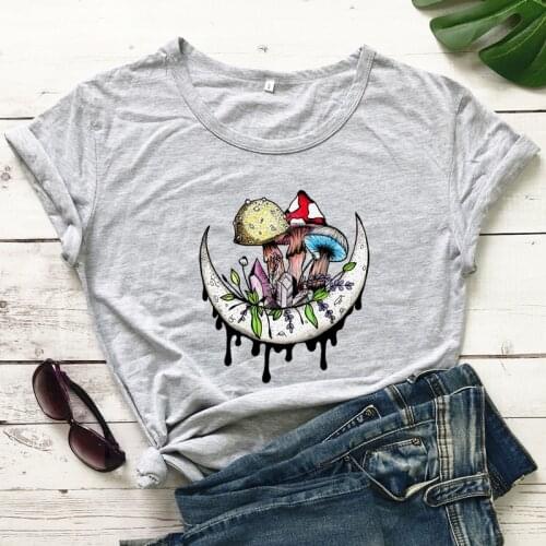 Mushrooms And Crystals On Moon Colored T-shirt Vintage Magic Mushrooms Tshirt Aesthetic Boho Witch Hippie Top Tee Shirt