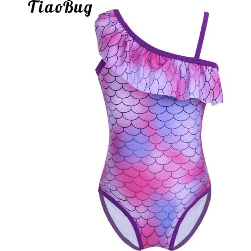 TiaoBug Kid Girl One-Piece Mermaid Scales Printed Ruffled One-Shoulder Swimsuit Swimwear Bathing Suit Swimming Bodysuit Jumpsuit