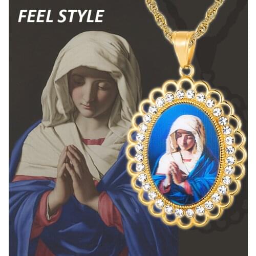 Stainless Steel Catholic Virgin Mary Necklaces For Our Lady Bling Cubic Zircon Oval Pendant Collier Women Gift