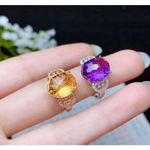 Charming big size purple Amethyst /yellow citrine ring for women jewelry real 925 silver good color natural stone birthday gift