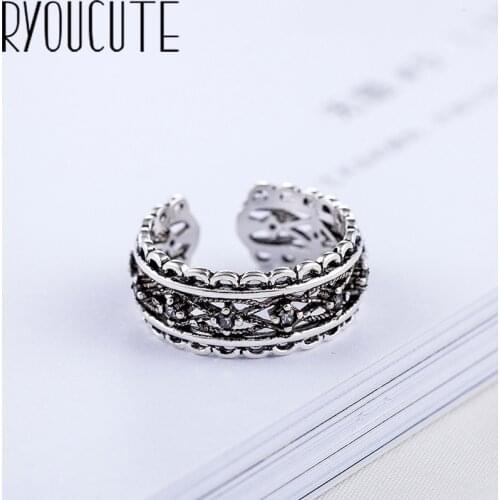 Bohemian Big Real Silver Color Hollow Rings for Women Jewelry Punk Vintage Antique Finger Engagement Ring Party Gift