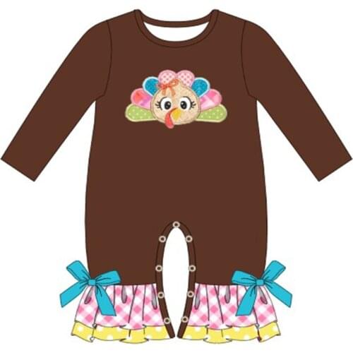 2021 New Style Pure Cotton Baby Girl Romper Brown Long-Sleeved Trousers Turkey Embroidered ChildrenS Holiday Costume