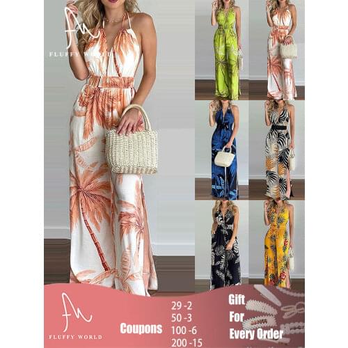 Jumpsuits Women Summer Ladies Floral Print Bohemian Style Sleeveless Halter Straps Playsuit Elegant Wide Leg Loose Long Pants
