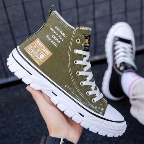 Fashion Green Men Light Breathable Canvas Spring Autumn Casual High Top Solid Color Trendy Casual Sneakers Skateboarding Shoes
