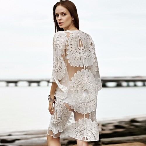 Lace cover ups solid floral lace beach dress white beachwear long sleeve cover ups crochet beach dress women saida de praia