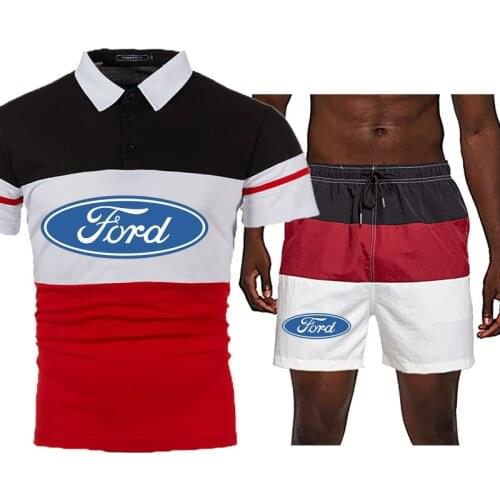 New casual trend Mens suits Ford Car Logo Printing Summer high quality Cotton Color matching Mens polo shirt+shorts 2-piece